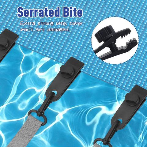 24 PC Upgraded Pool Solar Cover Reel Attachment Kit with heavy duty clips showing serrated teeth for secure grip.