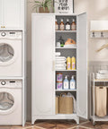 Tall White Metal Pantry Cabinet With Door 75 Inch High Kitchen Storage Cupboard With Adjustable Feet in laundry room