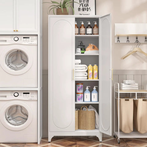 Tall White Metal Pantry Cabinet With Door 75 Inch High Kitchen Storage Cupboard With Adjustable Feet in laundry room