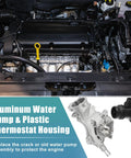 Tough Aluminum Engine Water Pump And Thermostat Housing Assembly With Gasket Easy Bolt On Swap Direct Fit For Chevy Cruze Sonic Trax And Buick Encore 2011 Through 2021 installed in engine bay.