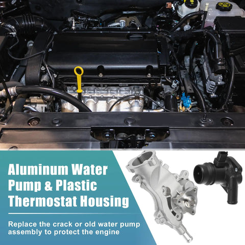 Tough Aluminum Engine Water Pump And Thermostat Housing Assembly With Gasket Easy Bolt On Swap Direct Fit For Chevy Cruze Sonic Trax And Buick Encore 2011 Through 2021 installed in engine bay.