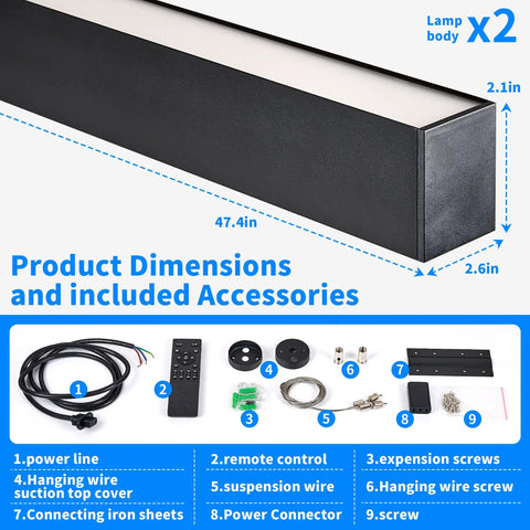 Bright 4 Foot LED Linear Light Fixture With 50W Dimmable And Linkable Design Adjustable shown with accessories and dimensions