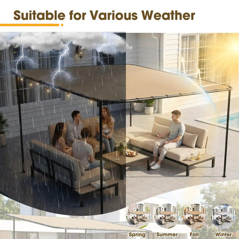 12x10 Lean-To Gazebo Pergola With Weatherproof Canopy, Wall-Mounted Galvanized Steel Frame Shelter showing rain and sun