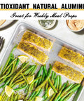 Pro Level Pure Aluminum Baking Sheet Pan Set No Coating Warp Resistant Half Sheet Pan with salmon and vegetables