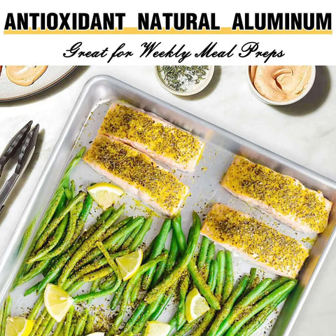 Pro Level Pure Aluminum Baking Sheet Pan Set No Coating Warp Resistant Half Sheet Pan with salmon and vegetables