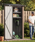 Vertical Outdoor Storage Cabinet Shed With Floor, Space Saving Design, Two Adjustable Shelves, open with tools and lawn mower