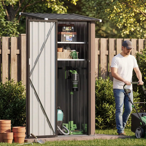 Vertical Outdoor Storage Cabinet Shed With Floor, Space Saving Design, Two Adjustable Shelves, open with tools and lawn mower