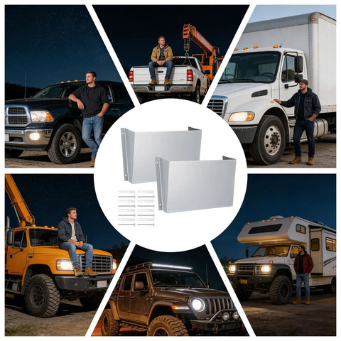 Tough As Nails Aluminum Van Storage Rack Wall Mount Organizer 30.5x3.5x18 Cm shown with various utility vehicles.