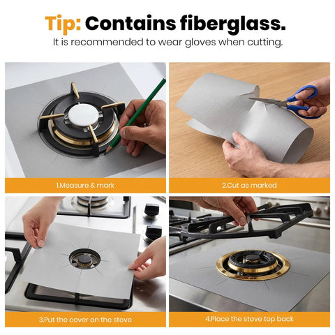 Instructions for using Gas Stove Burner Covers Heat Resistant Reusable Burner Liners For No Mess Cleanup And Spill Prevention Easy To Clean Stove Top Protectors For Kitchen Gas Ranges 8 Pack Silver, showing measuring, cutting, and placing on stove.