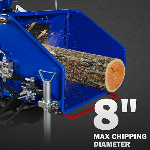 8 Inch Gas Powered Hydraulic Feeding Wood Chipper Shredder Towable With Tow Bar Electric Start showing log in feed.