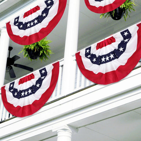 3 Pack 2.5 By 5 Ft Pleated Fan Flags Set For Outdoors And Indoors All American Red White Blue Half Fan Bunting on porch