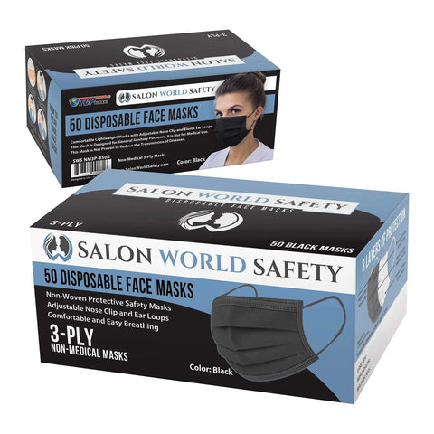 Box of 50 Black Disposable Face Masks 3 Ply Breathable With Nose Clip And Ear Loops Sealed Dispenser Visible Packaging PPE