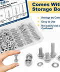 Front view of Vifmy 248-piece stainless steel bolt set in a storage box with 1/4-20 flange bolts, nuts, washers