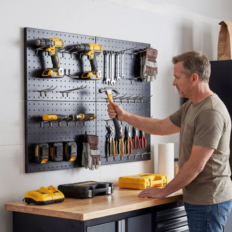 Heavy Duty Metal Pegboard Panels Four Pack With Fifty Hooks For Garage Workshop Office Or Craft Room Rust Resistant Steel Wall Organizer 16 By 12 Inches Tough As Nails Tool Storage For Workbench And More installed on wall holding tools