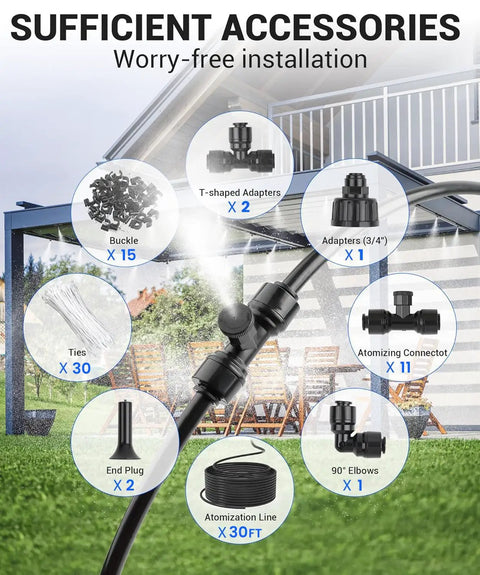 Outdoor Misting System For Patio Cooling, 30Ft Run With 22 Nozzles accessories display, including T-shaped adapters and end plug.