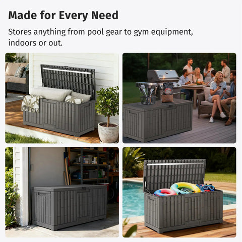 120 Gallon Outdoor Storage Box For Patio And Backyard Heavy Duty Resin Deck Box on patio with cushions, gray color