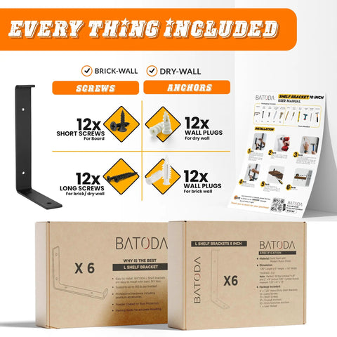 Everything included with Beefy Heavy Duty J Shelf Brackets, showing screws, anchors, and packaging for 9.25 inch boards.