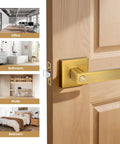 Interior Door Handles With Privacy Lock In Antique Brass Finish Old School Vintage Style Door Levers installed on a wooden door