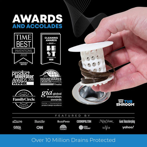 Image showing Inside Drain Tub Strainer and Hair Catcher for Bathtubs, holding hair, surrounded by award logos.