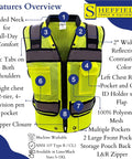 Class II High Visibility Safety Vest Fluorescent Lime Reflective Tape Heavy Duty Construction Workwear Nine Pocket Utility System Day Shift Hustle Ready Surveyor Gear Large front view highlighting features and pockets.