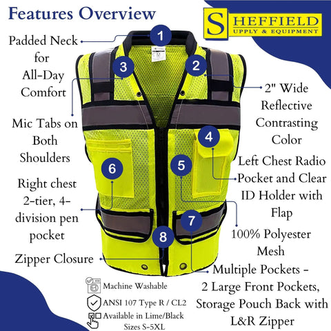 Class II High Visibility Safety Vest Fluorescent Lime Reflective Tape Heavy Duty Construction Workwear Nine Pocket Utility System Day Shift Hustle Ready Surveyor Gear Large front view highlighting features and pockets.