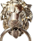 Close-up of Vintage Brass Lion Door Knocker And Gate Pull with Solid Brass Finish Embossed Lion Mouth Design Traditional Door Accessory