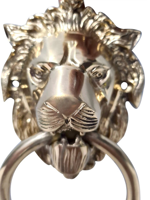 Close-up of Vintage Brass Lion Door Knocker And Gate Pull with Solid Brass Finish Embossed Lion Mouth Design Traditional Door Accessory
