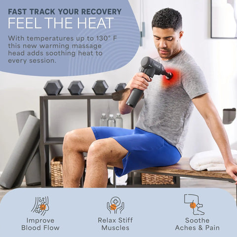 Man using Sonic LX Heated Massage Gun For Deep Tissue Muscle Recovery In Beast Mode With Nine Speeds And Ten Heads on shoulder