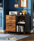 Three Drawer Mobile File Cabinet With Open Shelves, Wood Lateral Filing Cabinet And Printer Stand For Home Office, Rustic Brown Finish