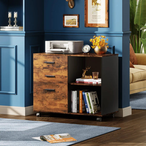 Three Drawer Mobile File Cabinet With Open Shelves, Wood Lateral Filing Cabinet And Printer Stand For Home Office, Rustic Brown Finish