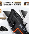 Rexbeti 2-pack utility knife with retractable SK-5 blade, black/orange handle, includes 10 extra blades
