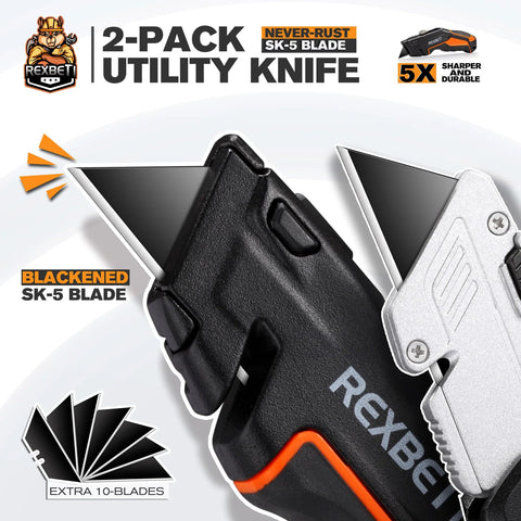 Rexbeti 2-pack utility knife with retractable SK-5 blade, black/orange handle, includes 10 extra blades