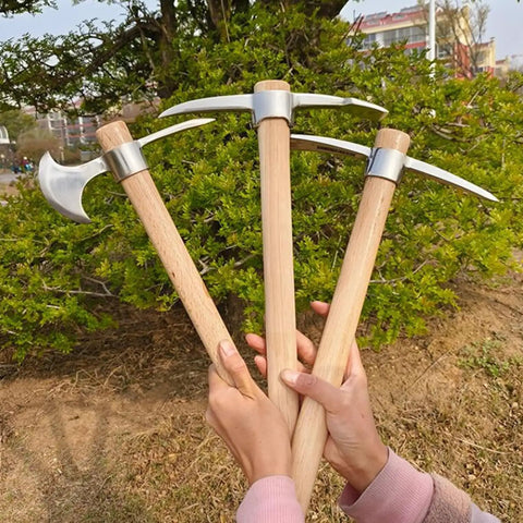 Heavy Duty Garden Pick Axe With Wooden Handle And Stainless Steel Mattock Sharp Pick And Cutting Edge outdoor view