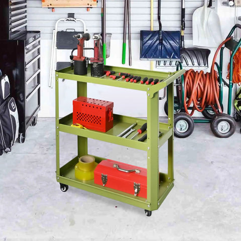 3 Tier Rolling Tool Cart With Lockable Silent Wheels And 330 Lbs Capacity, Heavy Duty Metal Service Cart For Home Garage Workshop And Warehouse shown in a garage setting
