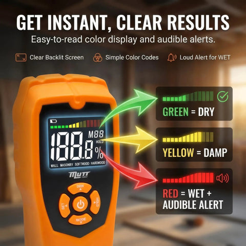 Pinless Moisture Meter For Drywall And Wood Two Inch Scan Detect Hidden Water Damage Behind Walls With Quick Readings Pro Grade Lumber Moisture Tester For DIYers And Pros, orange handheld screen
