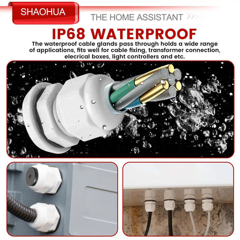 Forty Piece NPT Cable Gland Kit Rugged IP68 Waterproof Cord Grip Set With NPT Sizes One Quarter Inch Three Eighths Inch One Half Inch Three Quarters Inch And One Inch Plus Nineteen Top Hat Grommets For Nylon Strain Relief And Cord Connectors, white IP68 cable gland on enclosure