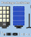 Badass Durable Solar Street Light Waterproof Outside With Next Level Motion Sensor Day To Night Auto Switch Bright Led Panels For Zero Hassle Yard And Driveway Nighttime Illumination package components, including solar panels and mounting hardware.