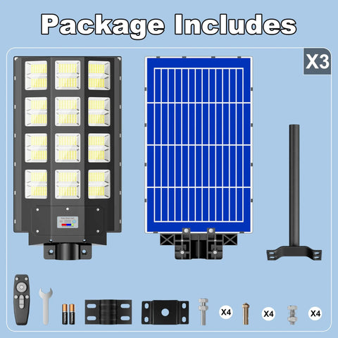 Badass Durable Solar Street Light Waterproof Outside With Next Level Motion Sensor Day To Night Auto Switch Bright Led Panels For Zero Hassle Yard And Driveway Nighttime Illumination package components, including solar panels and mounting hardware.