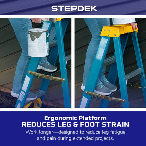 Heavy Duty Aluminum Ladder Platform Attachment For A Frame Steps With Foolproof No Slip Grip Lightweight Jobsite Heavy Hitter including a worker on a ladder
