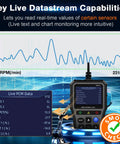OBD2 Scanner With Battery Tester showing live datastream and chart monitoring capabilities on digital display