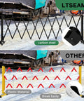 Tough 11.5 Foot Expandable Barricade Gate And Retractable Metal Crowd Control Fence With Smooth Rollin Wheels in black carbon steel.