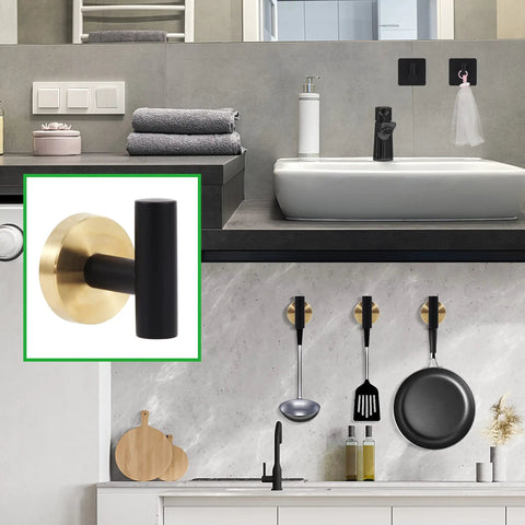 7-Piece Bathroom Hardware Set In 304 Stainless Steel With Black Gold Finish, focus on robe hook and modern kitchen.