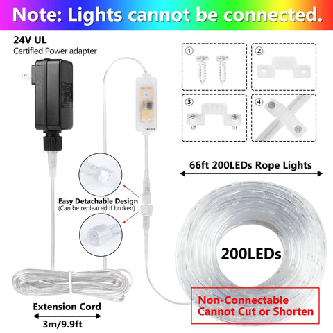 66Ft 200LED RGB Rope Light With 24 Colors Plus Warm White, Plug In Outdoor Fairy Lights With Remote shown with accessories