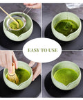 Matcha Whisk Set With Ceramic Bowl And All The Goods, Includes Bamboo Chasen, Holder Stand, Powder Sifter, Scoop, Measuring Spoon And Cup For Ceremonial Grade Tea, Mottled Green in use to make matcha tea.