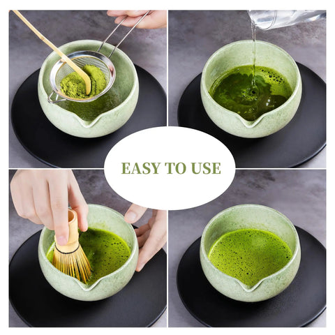 Matcha Whisk Set With Ceramic Bowl And All The Goods, Includes Bamboo Chasen, Holder Stand, Powder Sifter, Scoop, Measuring Spoon And Cup For Ceremonial Grade Tea, Mottled Green in use to make matcha tea.