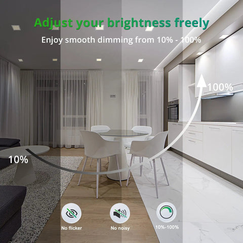 Adjustable brightness settings demonstrating Six Pack LED Recessed Ceiling Lights with junction box and color temp control in modern room