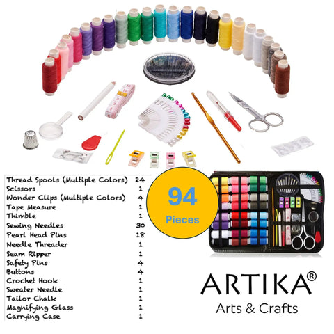 All In One Sewing Kit For Adults And Kids 94 Piece Starter Set With Colorful Thread Needles Scissors Thimble And Clips Travel Ready Emergency Repair Supplies visible with contents.