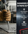 Heavy Duty 16 Piece Punch And Chisel Set For Tough Metalworking Jobs With Cr-V Steel Tapered Pin Center Punches And Cold Chisels Perfect For Pro Auto Repair Shop Work That Gets The Job Done Right, hex-shank punch in use