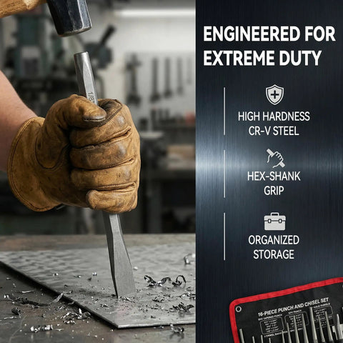 Heavy Duty 16 Piece Punch And Chisel Set For Tough Metalworking Jobs With Cr-V Steel Tapered Pin Center Punches And Cold Chisels Perfect For Pro Auto Repair Shop Work That Gets The Job Done Right, hex-shank punch in use