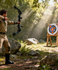 Archer using 3 Inch Archery Target Stickers Self Adhesive Paper Targets for outdoor practice with sunlit forest backdrop